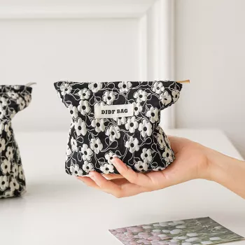 Black Floral Cosmetic Bag: Compact Touch-Up & Travel Pouch