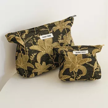 Black Embroidered Floral Pouch: Makeup + Travel Jewelry
